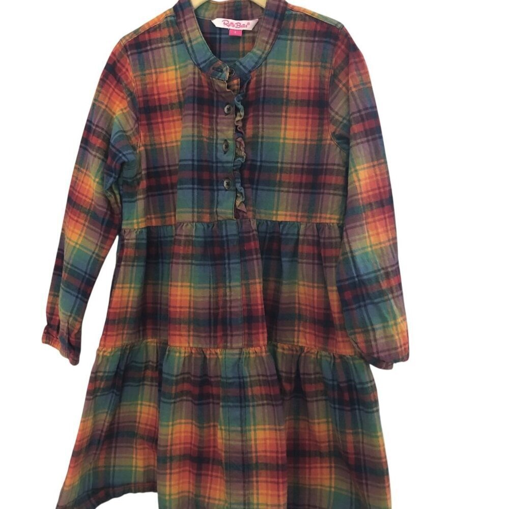 Ruffle Butts Girls Madras Plaid Flannel Dress size 6 Blue Red Orange Tiered L/S